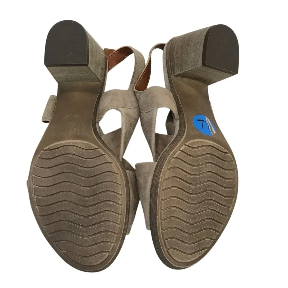 Mariella Suede Open Toe Sling Back Block Heel Sandal Tan 7.5